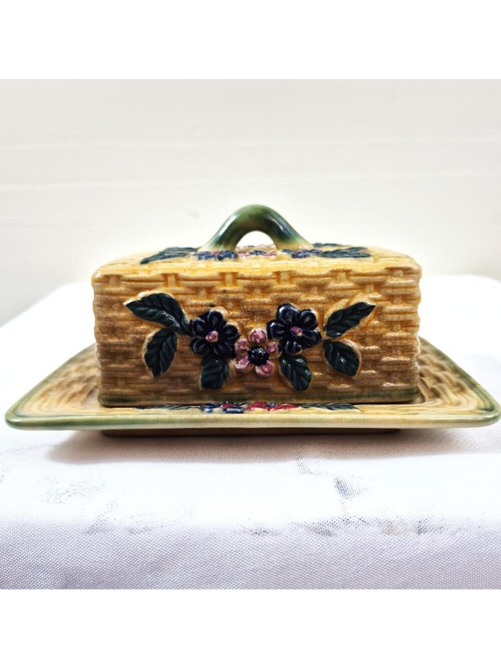 Vintage Made In Occupied Japan Floral Ceramic Butter Dish Basketweave Design